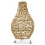 Teardrop-shaped woven rattan table lamp shade on small tripod legs with ball feet